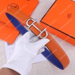 Hermes Gamma Belt Buckle Sellier Reversible Leather Strap Orange / Blue