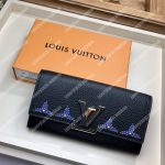LV Capucines Wallet Taurillon Noir Leather Monogram Blue Flowers
