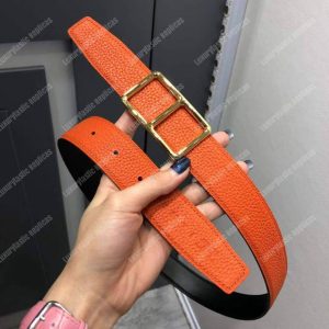 Hermes Officier Belt Buckle Reversible Leather Strap Black/Orange - Image 3