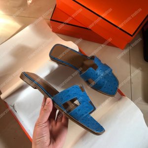 Hermes Oran Sandal Ostrich Leather Blue - Image 6