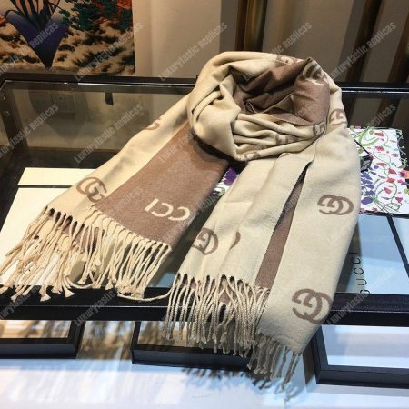 Gucci Wool Scarf Double G Pattern Beige Brown - Image 4