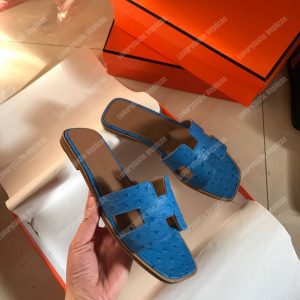 Hermes Oran Sandal Ostrich Leather Blue - Image 7