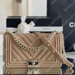 Caviar Chevron Quilted Medium Boy Flap Dark Beige