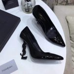 YVES SAINT LAURENT LOGO HEEL LEATHER PUMPS BLACK 472011D6CVV