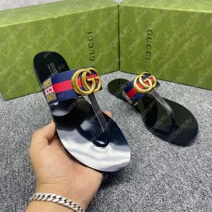 GUCCI LEATHER THONG SANDAL WITH DOUBLE G BLUE AND RED 497444 - Image 3
