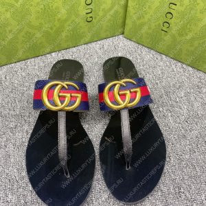 GUCCI LEATHER THONG SANDAL WITH DOUBLE G BLUE AND RED 497444 - Image 7