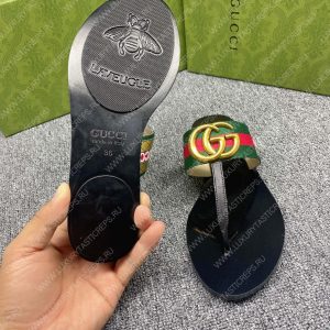 GUCCI LEATHER THONG SANDAL WITH DOUBLE G GREEN AND RED 497444 - Image 3