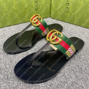 GUCCI LEATHER THONG SANDAL WITH DOUBLE G GREEN AND RED 497444 - Image 4