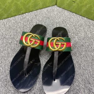 GUCCI LEATHER THONG SANDAL WITH DOUBLE G GREEN AND RED 497444 - Image 5