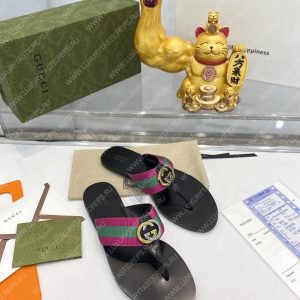 GUCCI LEATHER THONG SANDAL WITH DOUBLE G PINK AND GREEN 497444 - Image 6