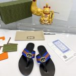 GUCCI LEATHER THONG SANDAL WITH DOUBLE G BROWN AND BLUE 497444