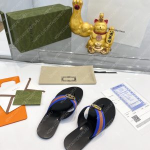 GUCCI LEATHER THONG SANDAL WITH DOUBLE G BROWN AND BLUE 497444 - Image 3