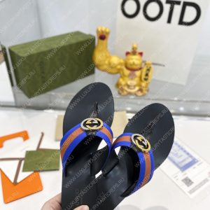 GUCCI LEATHER THONG SANDAL WITH DOUBLE G BROWN AND BLUE 497444 - Image 4
