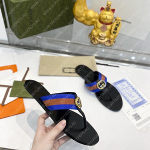 GUCCI LEATHER THONG SANDAL WITH DOUBLE G BROWN AND BLUE 497444 - Image 5