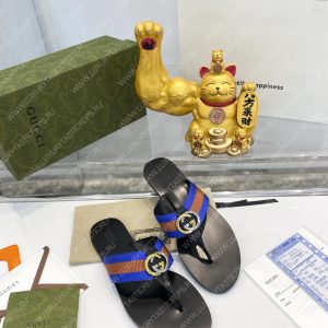 GUCCI LEATHER THONG SANDAL WITH DOUBLE G BROWN AND BLUE 497444 - Image 7