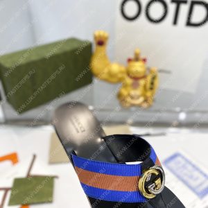 GUCCI LEATHER THONG SANDAL WITH DOUBLE G BROWN AND BLUE 497444 - Image 8