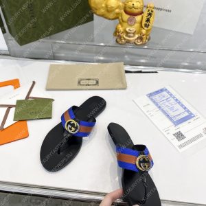 GUCCI LEATHER THONG SANDAL WITH DOUBLE G BROWN AND BLUE 497444 - Image 9