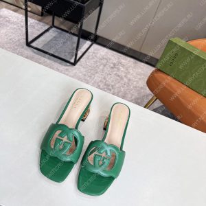 GUCCI INTERLOCKING G CUT-OUT HEELED SLIDE SANDAL GREEN 694451 - Image 5