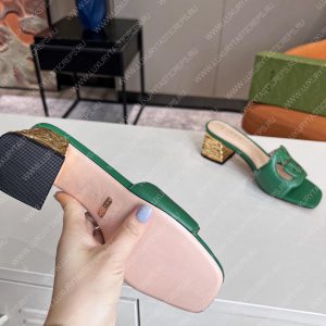 GUCCI INTERLOCKING G CUT-OUT HEELED SLIDE SANDAL GREEN 694451 - Image 6