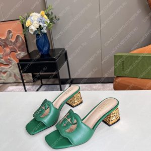 GUCCI INTERLOCKING G CUT-OUT HEELED SLIDE SANDAL GREEN 694451 - Image 7