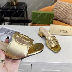 GUCCI INTERLOCKING G CUT-OUT HEELED SLIDE SANDAL GOLD 694451 - Image 4