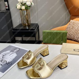 GUCCI INTERLOCKING G CUT-OUT HEELED SLIDE SANDAL GOLD 694451 - Image 5