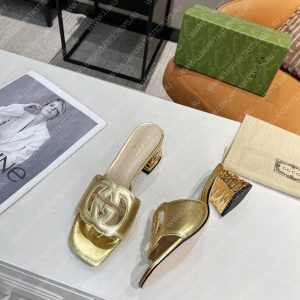 GUCCI INTERLOCKING G CUT-OUT HEELED SLIDE SANDAL GOLD 694451 - Image 7