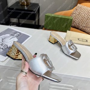 GUCCI INTERLOCKING G CUT-OUT HEELED SLIDE SANDAL SILVER 694451 - Image 3