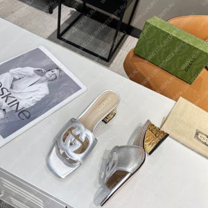 GUCCI INTERLOCKING G CUT-OUT HEELED SLIDE SANDAL SILVER 694451 - Image 5