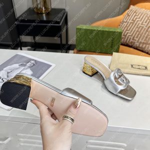 GUCCI INTERLOCKING G CUT-OUT HEELED SLIDE SANDAL SILVER 694451 - Image 7