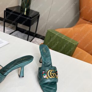GUCCI DOUBLE G SLIDE SANDAL LEATHER EMERALD GREEN 674839 - Image 6