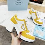 PRADA DOWNTOWN HIGH-HEELED LEATHER SNEAKERS WHITE/SUN 1E792M