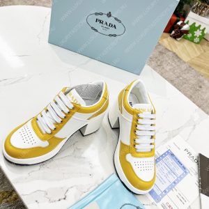 PRADA DOWNTOWN HIGH-HEELED LEATHER SNEAKERS WHITE/SUN 1E792M - Image 5
