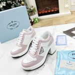 PRADA DOWNTOWN HIGH-HEELED LEATHER SNEAKERS WHITE/PINK 1E792M