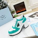 PRADA DOWNTOWN HIGH-HEELED LEATHER SNEAKERS WHITE/PAVONE 1E792M