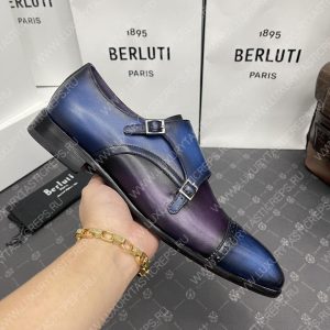 BERLUTI GALET SCRITTO DOUBLE MONK SHOE BLUE AND BURGUNDY S6025-V2 - Image 4